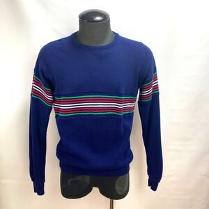 Vintage Mens Dark Blue Orlon XL Red Green White Chest and Arm Stripe Coastal